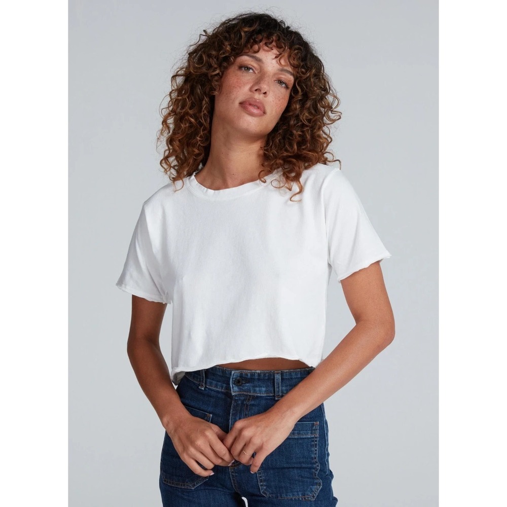 ASKK NY Short Sleeve Rolled Raw Hem Crop Tee In White Women's Size 4